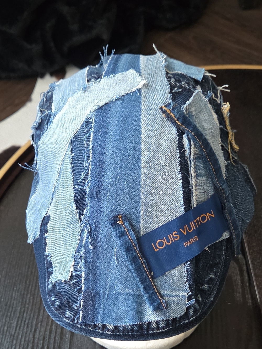 Upcycled LV Inspired Blue Patchwork Denim Newsboy Cap - Picture 5 of 8